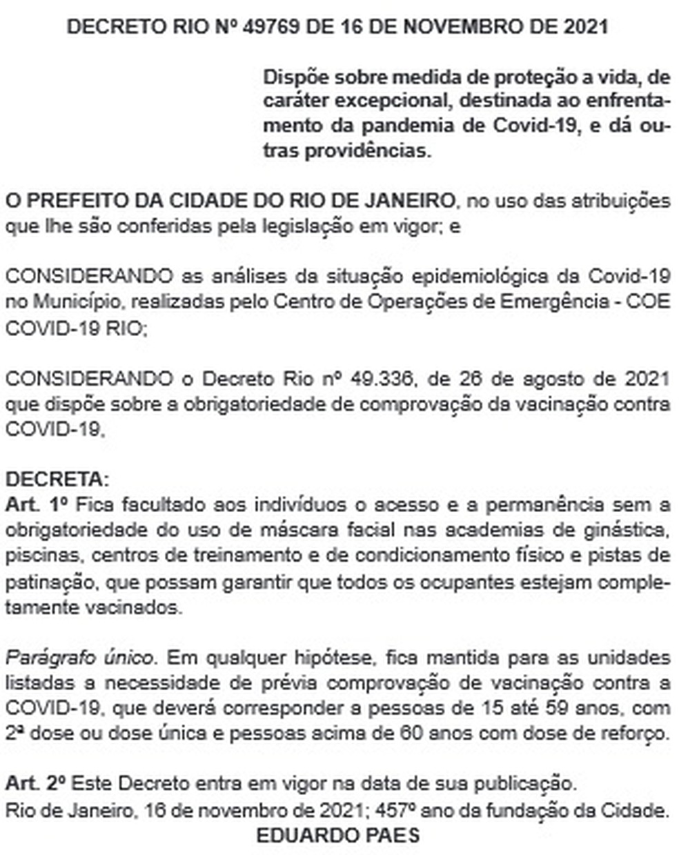 Decreto libera o uso de máscaras em academias de ginástica do Rio para pessoas vacinadas — Foto: Reprodução/ Diário Oficial