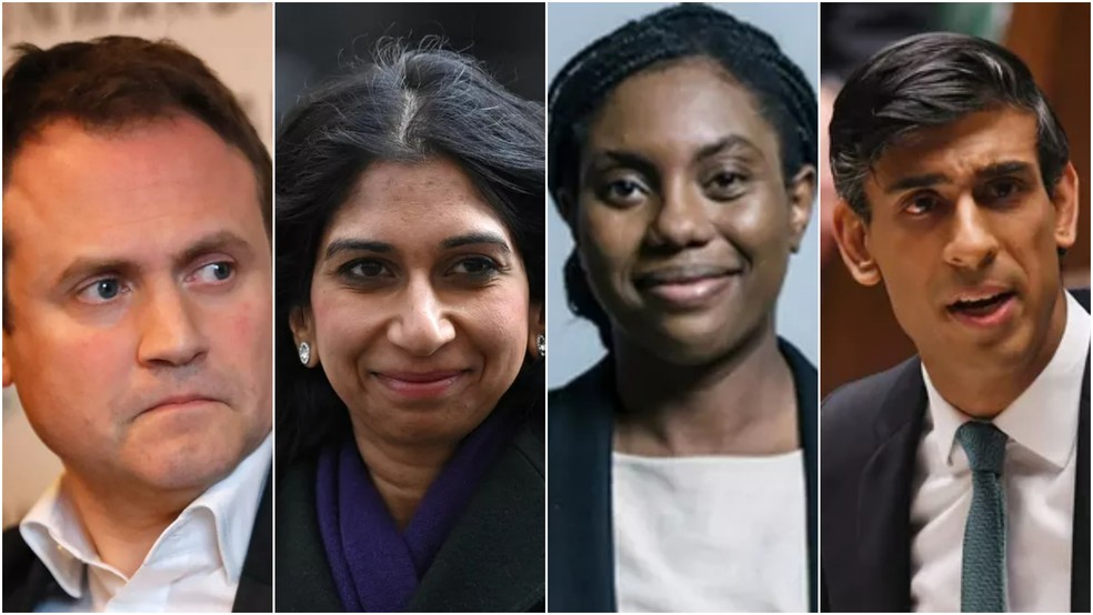 Montagem com fotos dos principais candidatos ao cargo de primeiro-ministro do Reino Unido: Tom Tugendhat, Suella Braverman, Kemi Badenoch e Rishi Sunak — Foto: Tolga Akmen/AFP, Justin Tallis/AFP, Reprodução e Reuters
