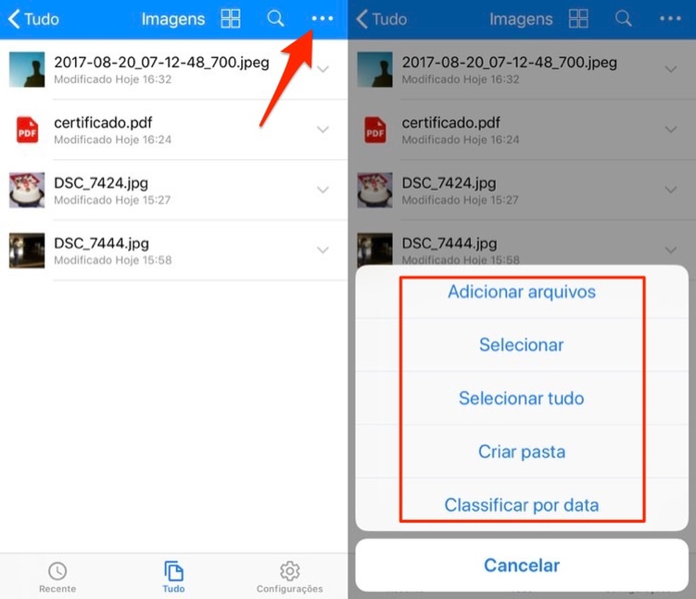 Ação para acessar as opções para arquivos armazenados no aplicativo do serviço online Amazon Drive — Foto: Reprodução/Marvin Costa