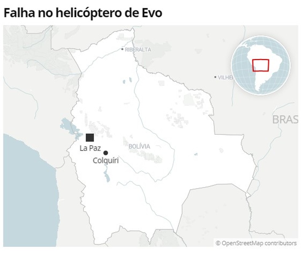 Mapa mostra local da falha do helicópero em que estava Evo Morales — Foto: G1 