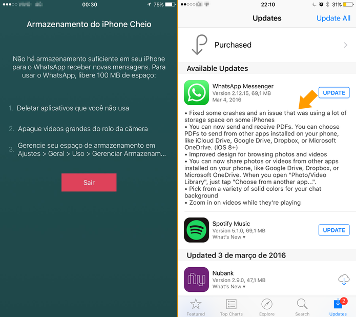 WhatsApp pedia 100 MB livres para continuar funcionando no iPhone (Foto: Reprodução/TechTudo)