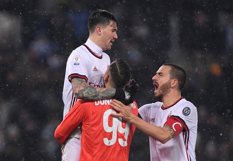 Jogadores do Milan festejam a classificação para a final da Copa da Itália. Donnarumma pegou dois pênaltis (Foto: REUTERS/Alberto Lingria)