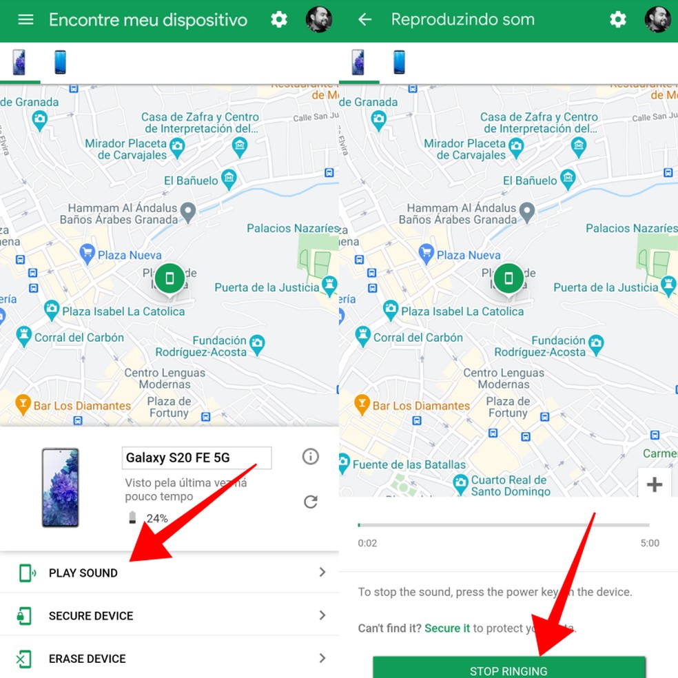 Ative a função "Play Sound" para emitir um alerta sonoro no celular perdido — Foto: Reprodução/Paulo Alves