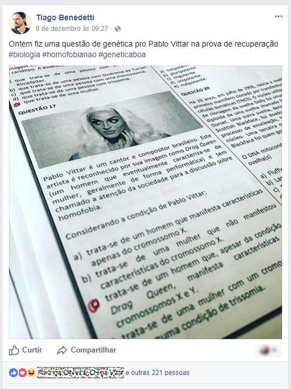 O professor postou a prova em sua rede social e chamou atenção dos internautas  (Foto: Reprodução/Facebook)