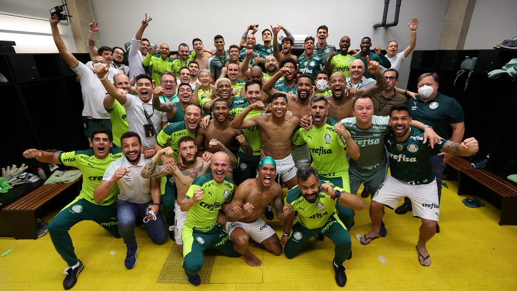 Jogadores do Palmeiras comemoram a classificação à final da Libertadores — Foto: Cesar Greco