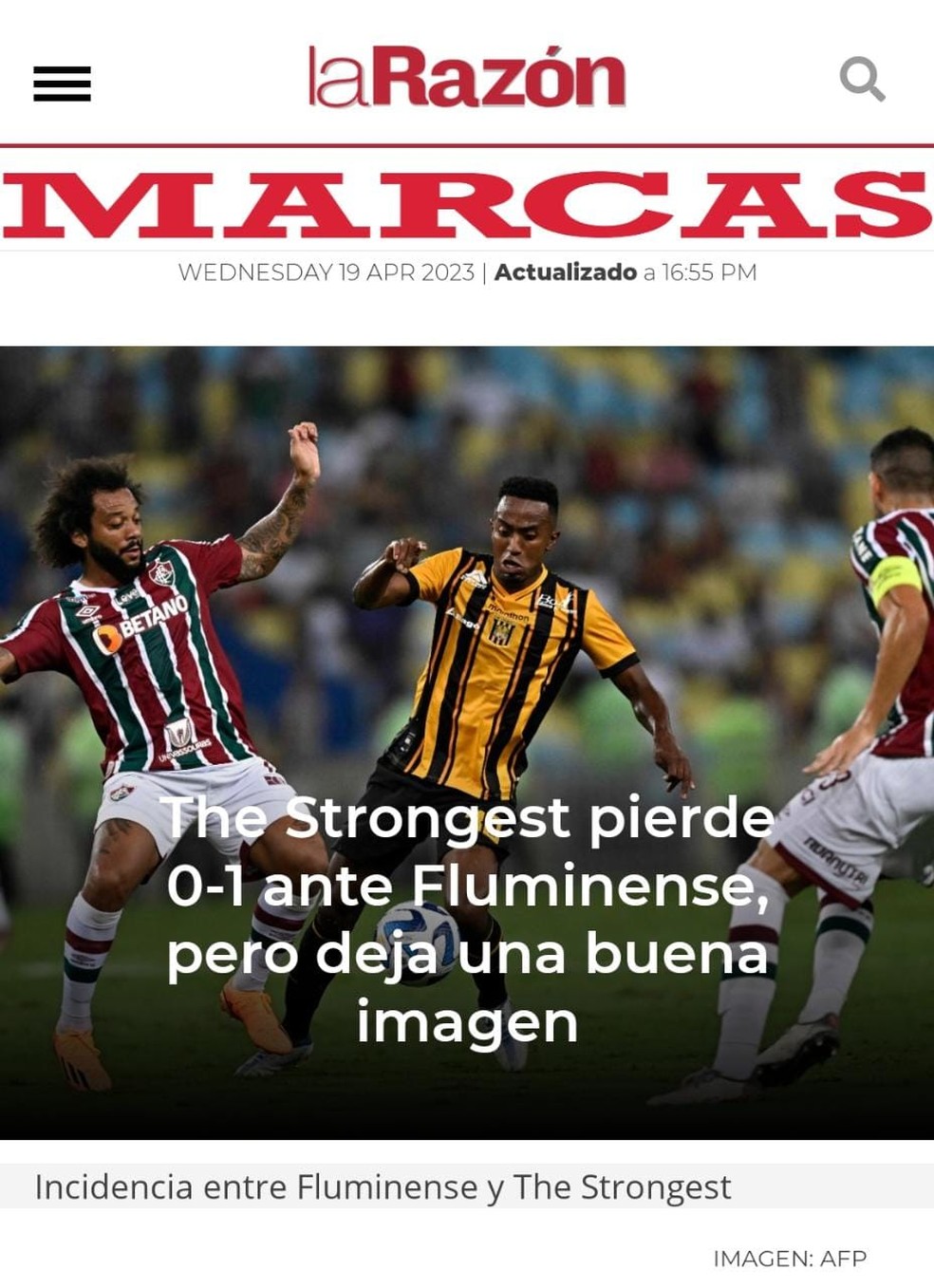 La Razón, da Bolívia, repercute derrota do The Strongest para o Fluminense — Foto: Reprodução