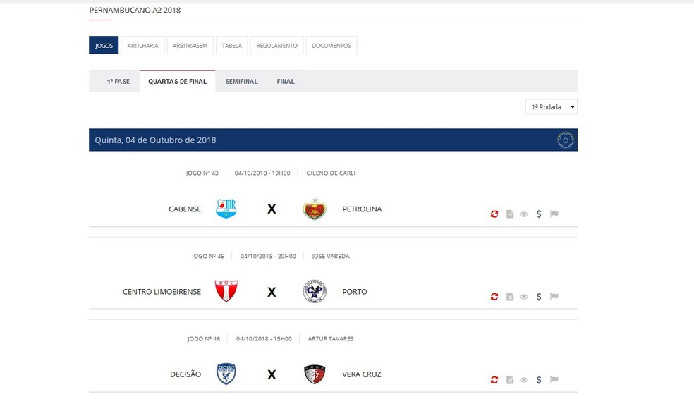 Jogos confirmados nas quartas de final da Série A2 do Pernambucano  — Foto: Reprodução / FPF