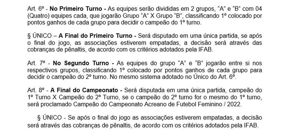 Regulamento Acreano Feminino 2022 — Foto: Divulgação/FFAC