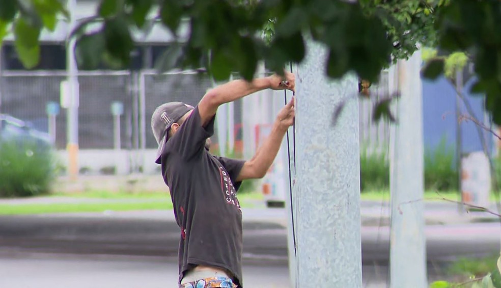 Equipe de reportagem flagrou homens furtando cabos de energia de semáforo na Linha Verde, em Curitiba — Foto: Élcio Branco/RPC