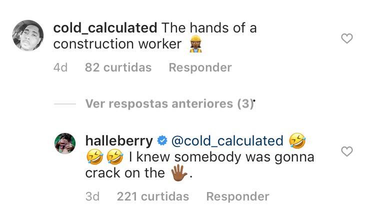 A resposta da atriz Halle Berry ao seguidor que fez crítica à mão dela (Foto: Instagram)