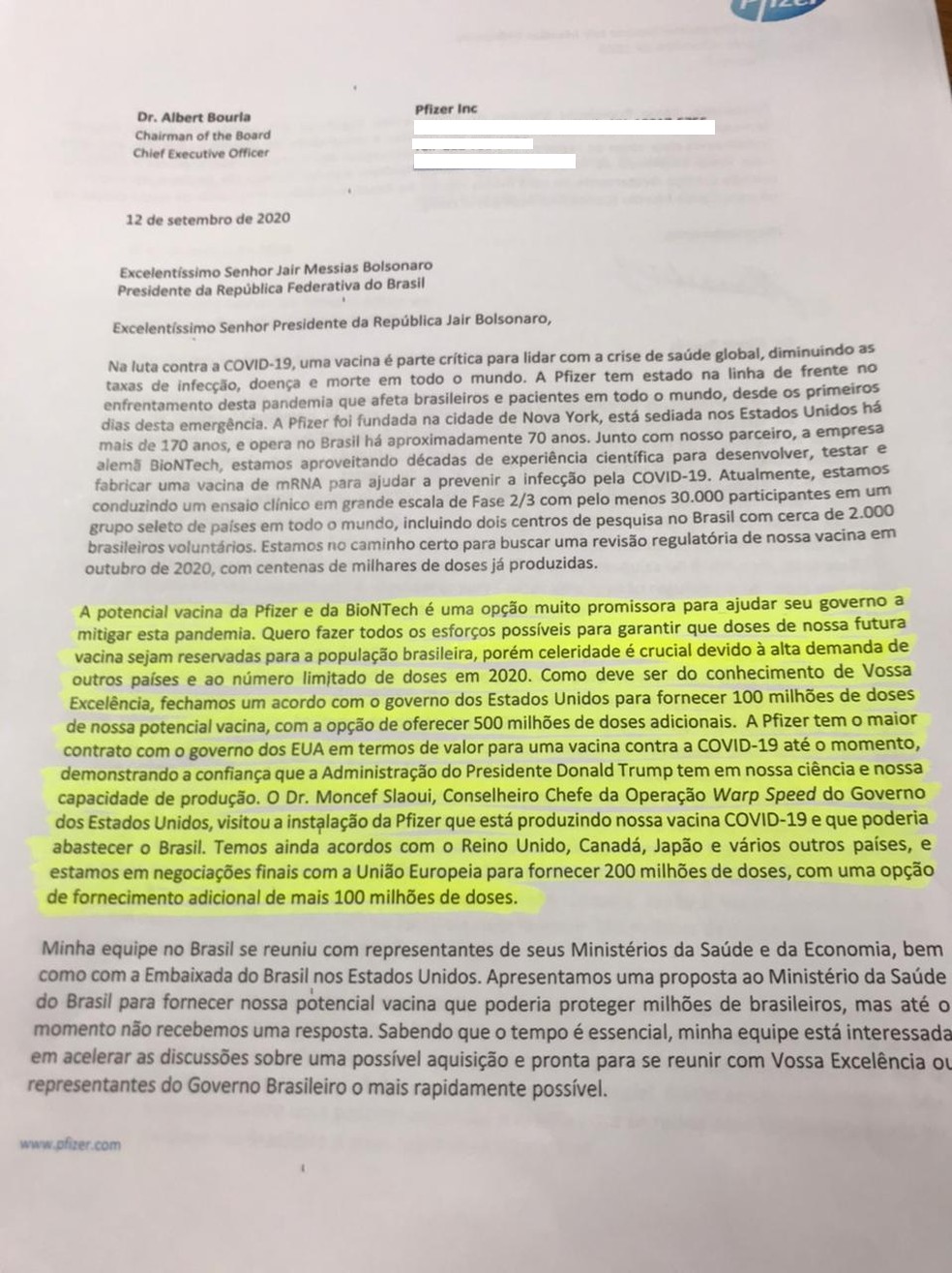 Primeira página da carta enviada pela Pfizer ao governo brasileiro — Foto: Reprodução