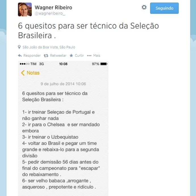 Wagner Ribeiro detonando Felipão no Twitter (Foto: re)