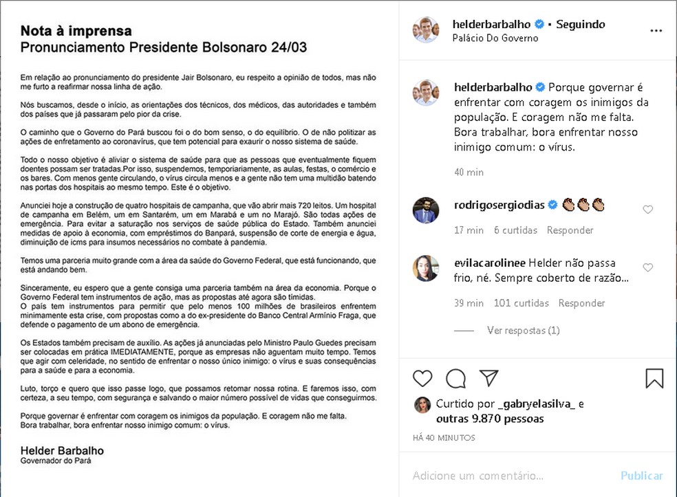Helder Barbalho publicou sua manifestação ao pronunciamento de Bolsonaro. O governador do Pará reafirmou a importãncia do isolamento social contra o Covid-19. — Foto: Reprodução/Instagram