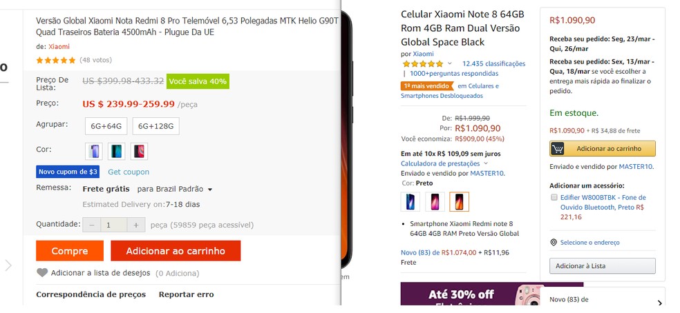 Comparação de preços de um dos celulares mais buscados nas plataformas, o Xiaomi Redmi Note 8 — Foto: Reprodução/Guilherme Ramos