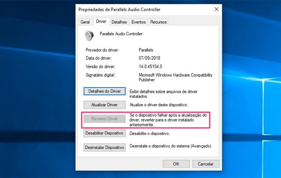 Ação para reverter uma atualização de driver de áudio no Windows 10 — Foto: Reprodução/Marvin Costa