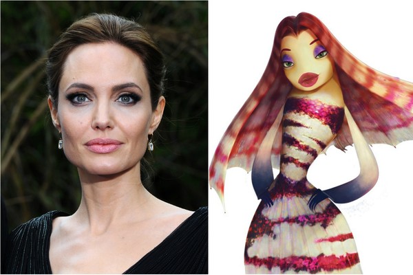 A Lola de ‘O Encanta Tubarões’ não só tem a voz de Angelina Jolie, como os lábios inspirados nos da atriz (Foto: Getty Images e Divulgação)