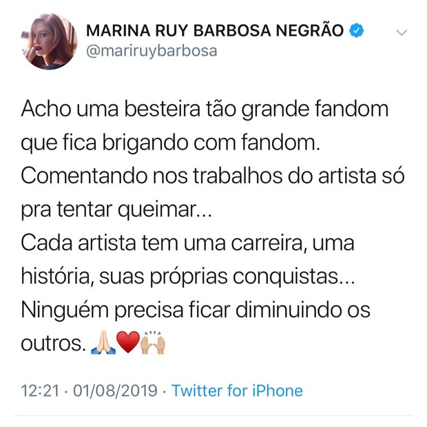 Marina Ruy Barbosa manda recado no Twitter (Foto: Reprodução/Twitter)