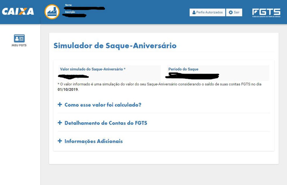Simulador do valor a ser recebido no saque-aniversário do FGTS, no site da Caixa — Foto: Reprodução