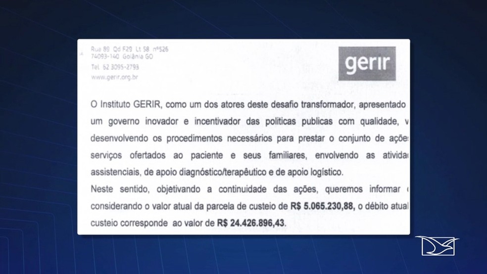 Documento aponta que o Instituto Gerir já teria apontado à Secretaria de Estado da Saúde um débito que já somava cerca de 24 milhões e 500 mil reais. (Foto: Reprodução/TV Mirante)