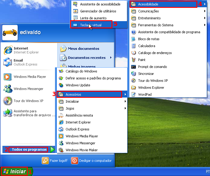 Acessando o teclado virtual do Windows XP via menu Iniciar (Foto: reprodução/Edivaldo Brito)