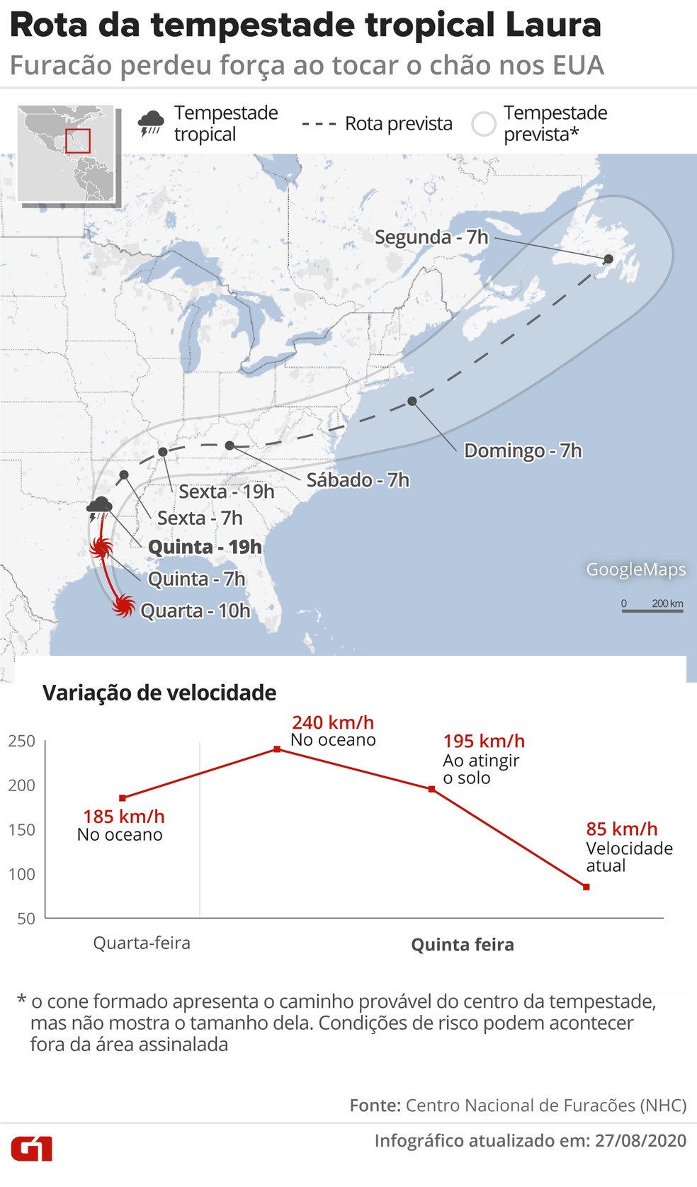Infográfico mostra a rota da tempestade tropical Laura — Foto: Arte/G1
