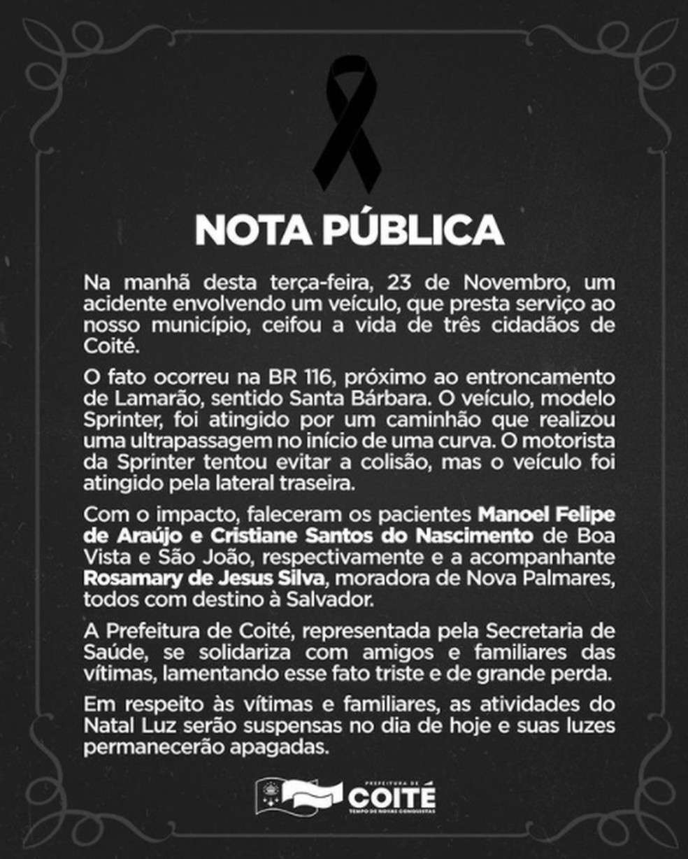 Nota emitida pela prefeitura de Conceição do Coité sobre as mortes no acidente na BR-116 — Foto: Reprodução/Redes Sociais