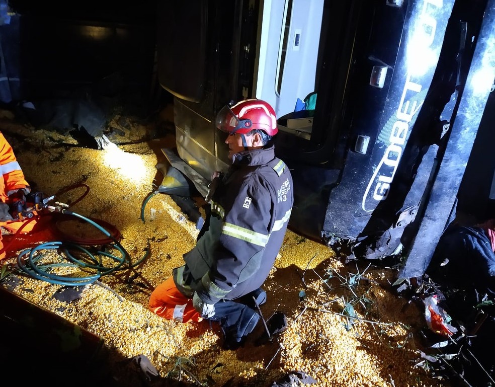 Trabalho dos bombeiros após acidente na BR-381. — Foto: CBMMG / Divulgação