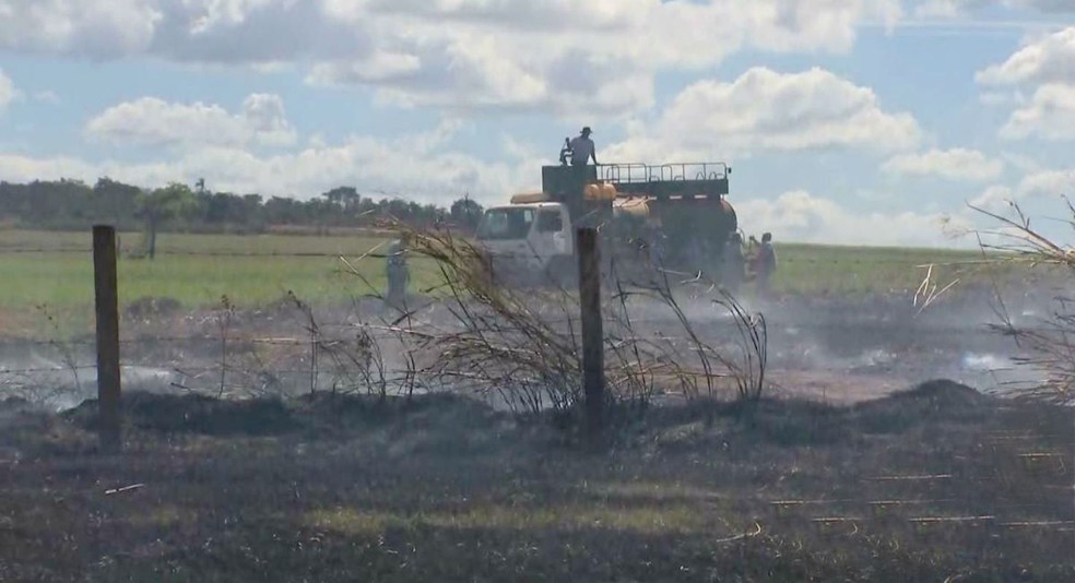 Caminhões-pipa de usinas da região ajudaram no combate ao incêndio — Foto: TV TEM/Reprodução