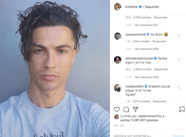 Publicação de Cristiano Ronaldo com comentários de Cauã Reymond e Whindersson (Foto: Reprodução/Instagram)