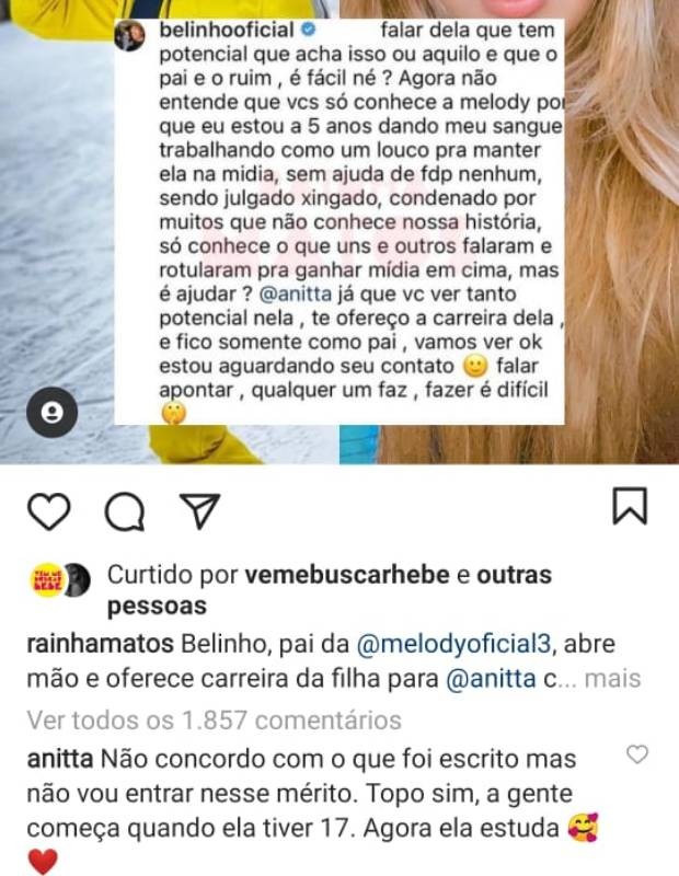 Anitta aceita proposta de pai de MC Melody (Foto: Reprodução/Instagram)
