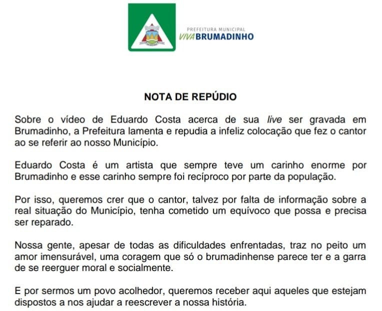 Prefeitura de Brumadinho divulga nota de repúdio após declaração de Eduardo Costa (Foto: Reprodução/Facebook)