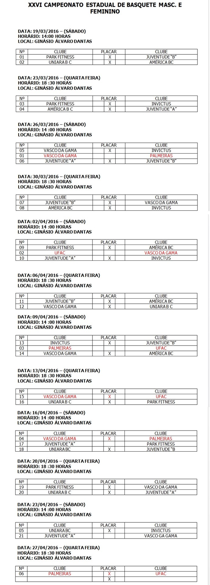 Tabelas do Campeonato Acreano de Basquete adulto masculino e feminino 2016 (Foto: Divulgação/Feab)