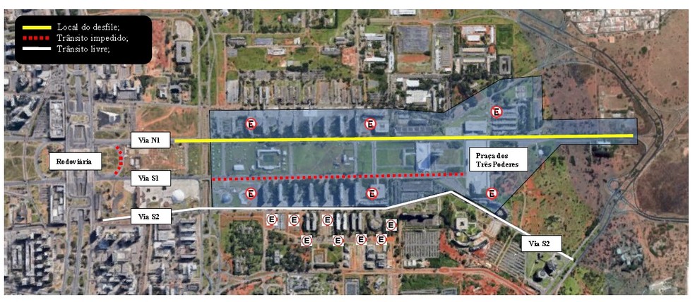 Mapa mostra local do desfile e interdições no trânsito em Brasília, durante desfile de 7 de Setembro — Foto: Detran-DF / Divulgação