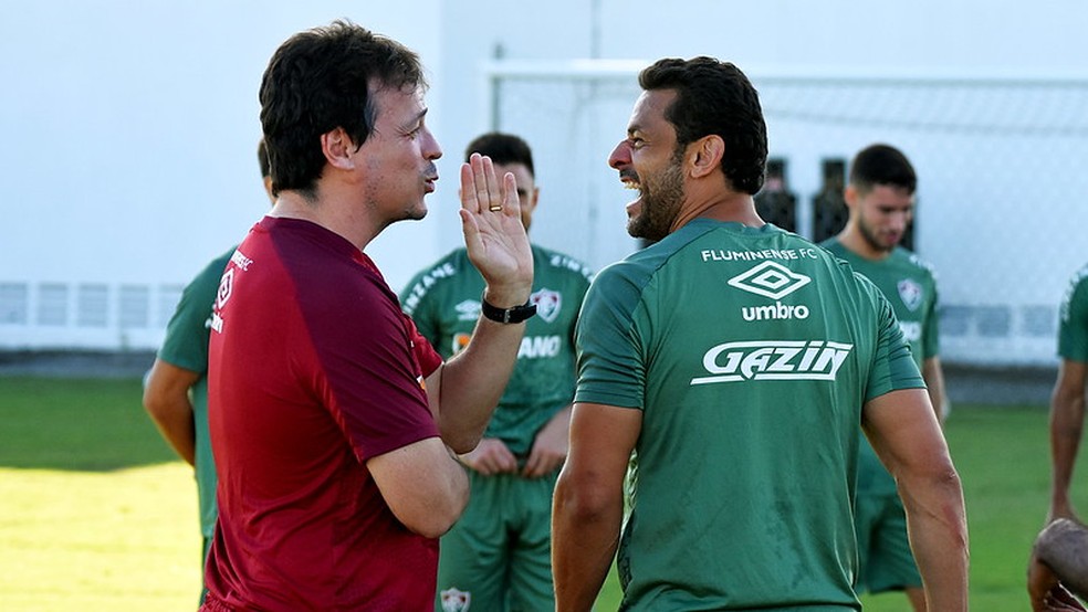 Diniz conversa com Fred no treino do Fluminense — Foto: Mailson Santana / Fluminense FC