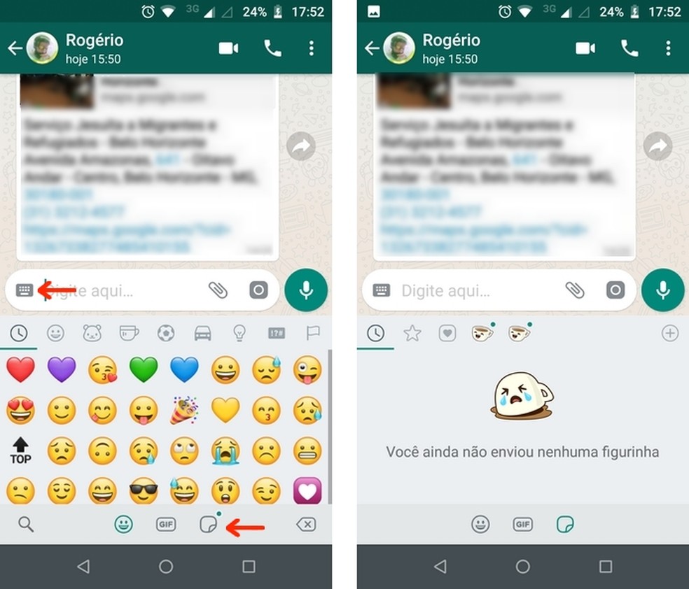 Recurso de sticker está no teclado do WhatsApp para Android — Foto: Reprodução/Raquel Freire