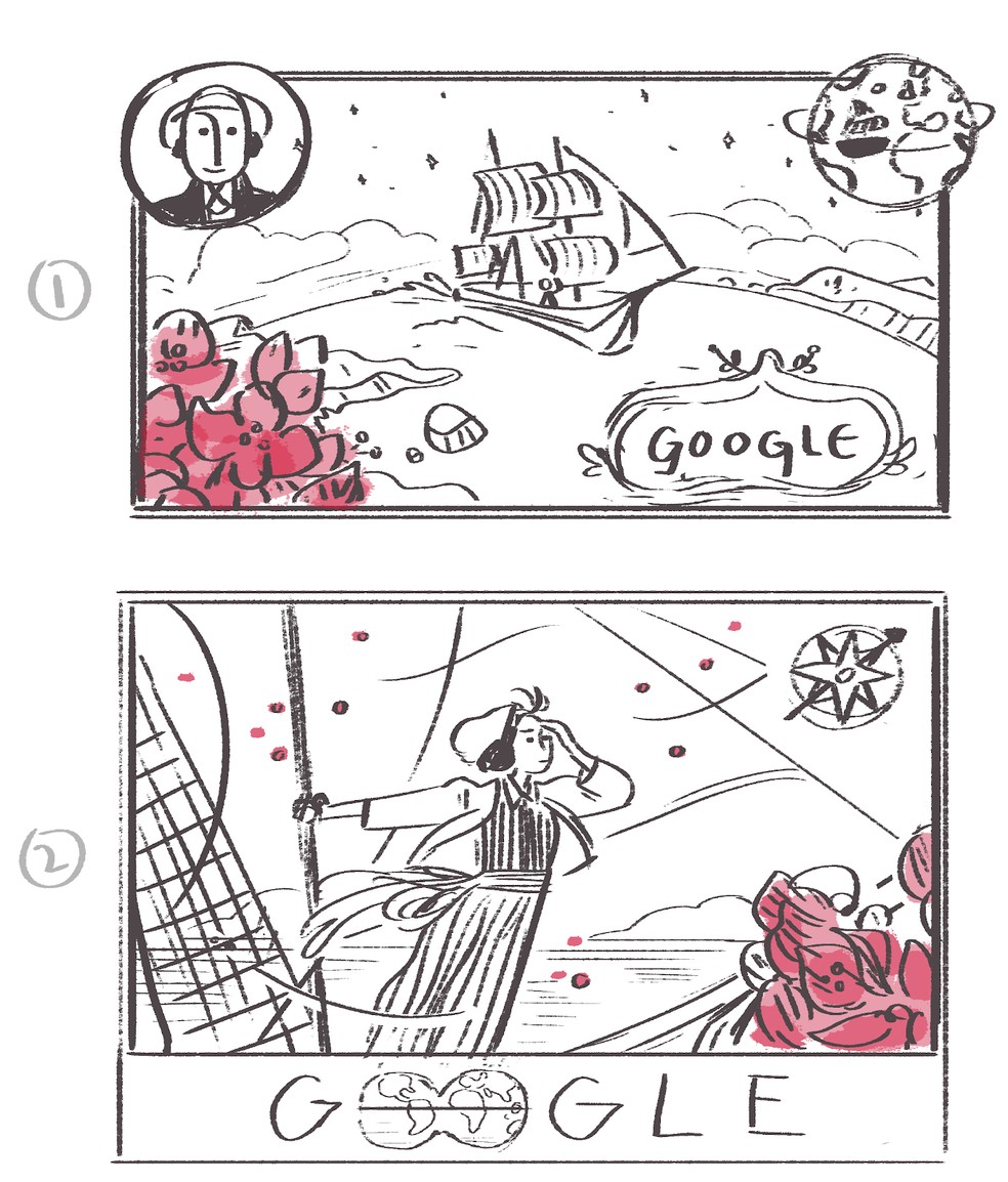 Esboços do Doodle de Jeanne Baret, feitos pela designer Sophie Diao — Foto: Reprodução/Google