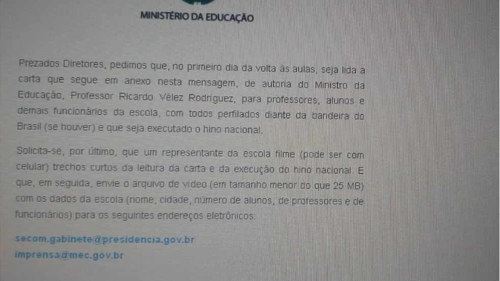 Mensagem foi enviada pelo MEC a diretores de escolas do país — Foto: Reprodução