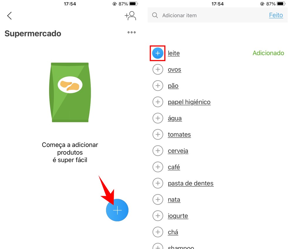 Inserção de itens à lista de compras no aplicativo Listonic — Foto: Reprodução/Rodrigo Fernandes