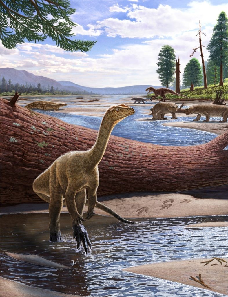 Reconstrução artística do dinossauro Mbiresaurus raathi (em primeiro plano) com animais do Zimbábue em segundo plano (Foto: Andrey Atuchin)