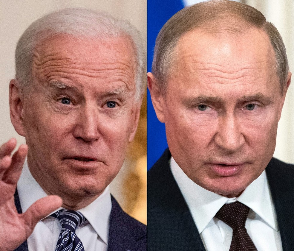 Montagem mostra os presidentes Joe Biden, dos EUA, e Vladimir Putin, da Rússia — Foto: Pavel Golovkin, Eric Baradat / AFP /