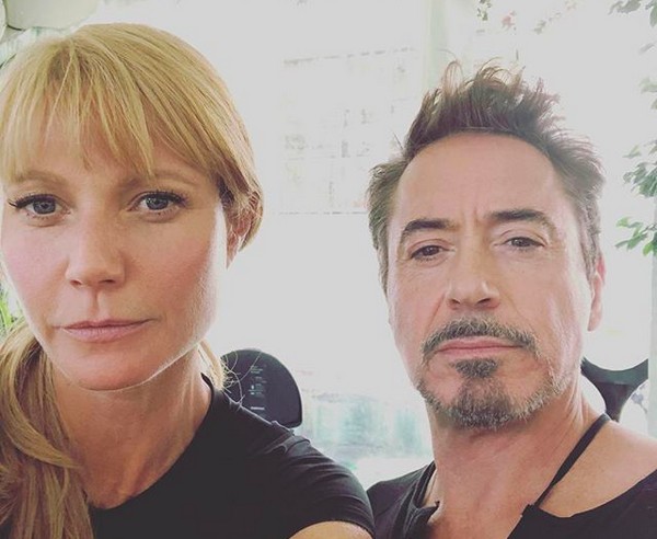 A atriz Gwyneth Paltrow com Robert Downey Jr nos bastidores das gravações do quarto filme da franquia Vingadores (Foto: Instagram)