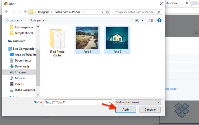 Selecionando arquivos de uma pasta diferente para subir para o Dropbox (Foto: Reprodução/Marvin Costa)