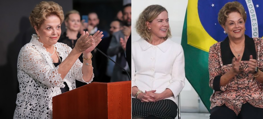 Dilma em dois momentos: ao discursar em cerimônia na AGU e ao lado da presidente do PT, Gleisi Hoffmann, na posse de Paulo Pimenta