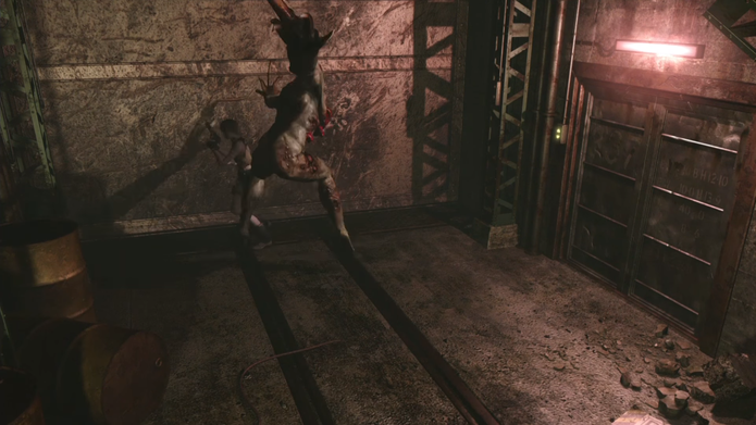 Resident Evil Zero HD Remaster: fuja sempre pelo lado esquerdo do Proto Tyrant (Foto: Reprodução/Vinícius Mathias)