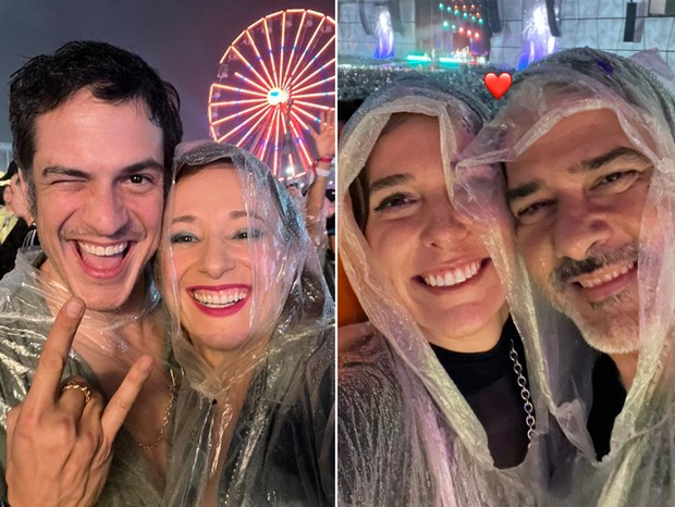 Mateus Solano e Paula Braun, e Natasha Dantas e William Bonner enfrentam chuva para ver shows no Rock in Rio (Foto: Reprodução)