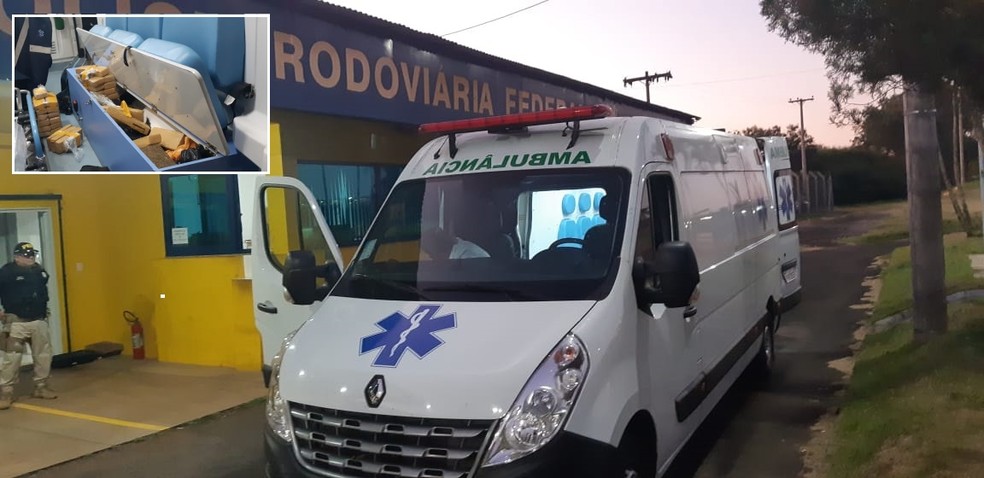 Quase 100 kg de maconha estavam dentro da ambulância em Ourinhos — Foto: Polícia Rodoviária Federal/ Divulgação 