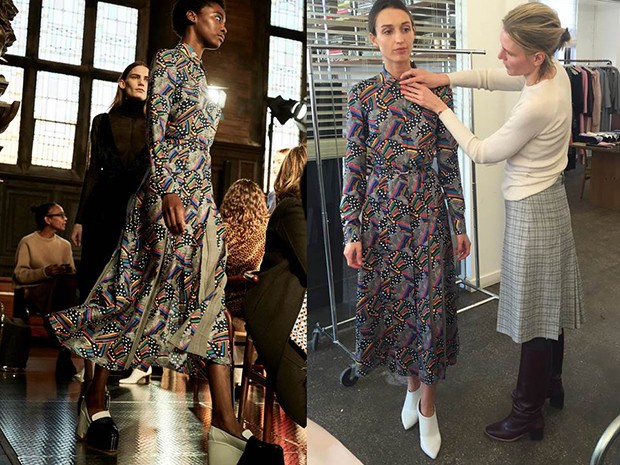 Left, a Gabriela Hearst Autumn/Winter 2017 dress on the catwalk; right, Gabriella fitting the dress on a model in her New York studio (Foto: GABRIELA HEARST, LEFT; NATASHA COWAN, RIGHT)