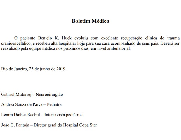 Boletim médico informa que Benicio Huck teve alta do hospital (Foto: Divulgação)