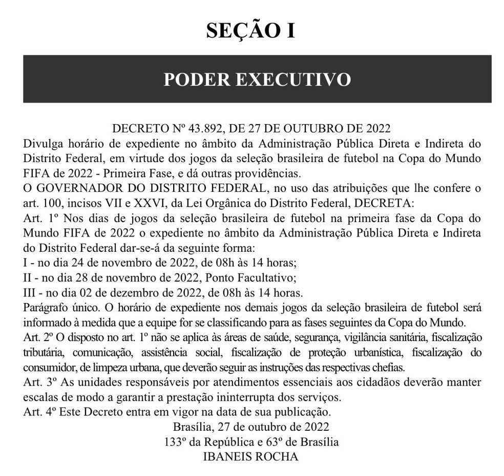 Decreto publicado no DODF altera expediente de servidores em dias de jogo do Brasil na Copa do Mundo — Foto: DODF/Reprodução