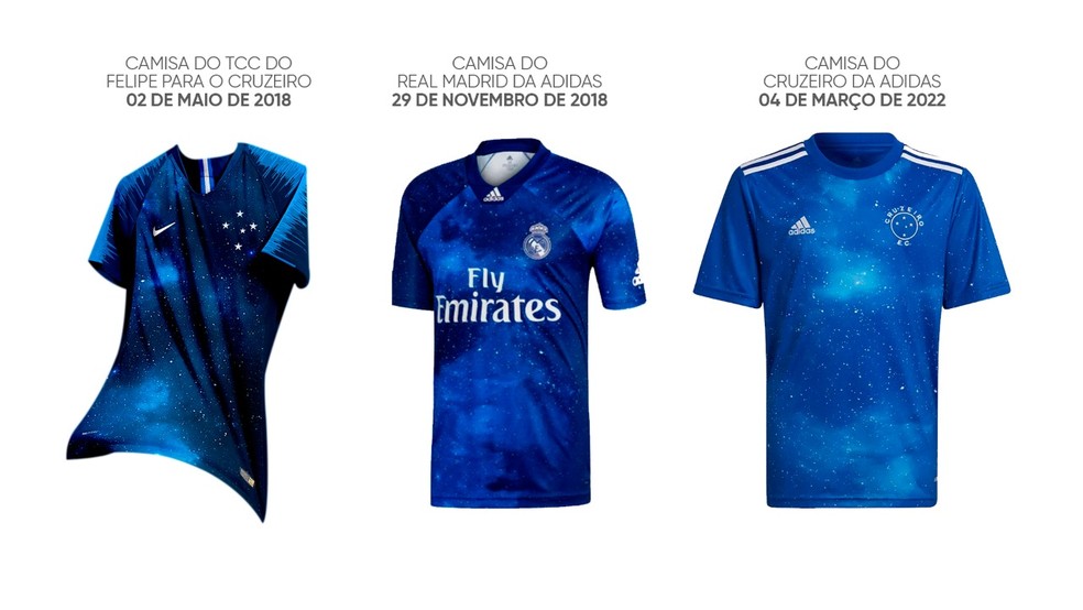 Design camisa Cruzeiro TCC Felipe Silva x camisa do Real e do Cruzeiro da Adidas — Foto: Reprodução